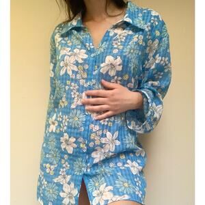 Bon Worth Vintage Blue & White floral button up blouse W Shoulder Pads Wms Sz XL